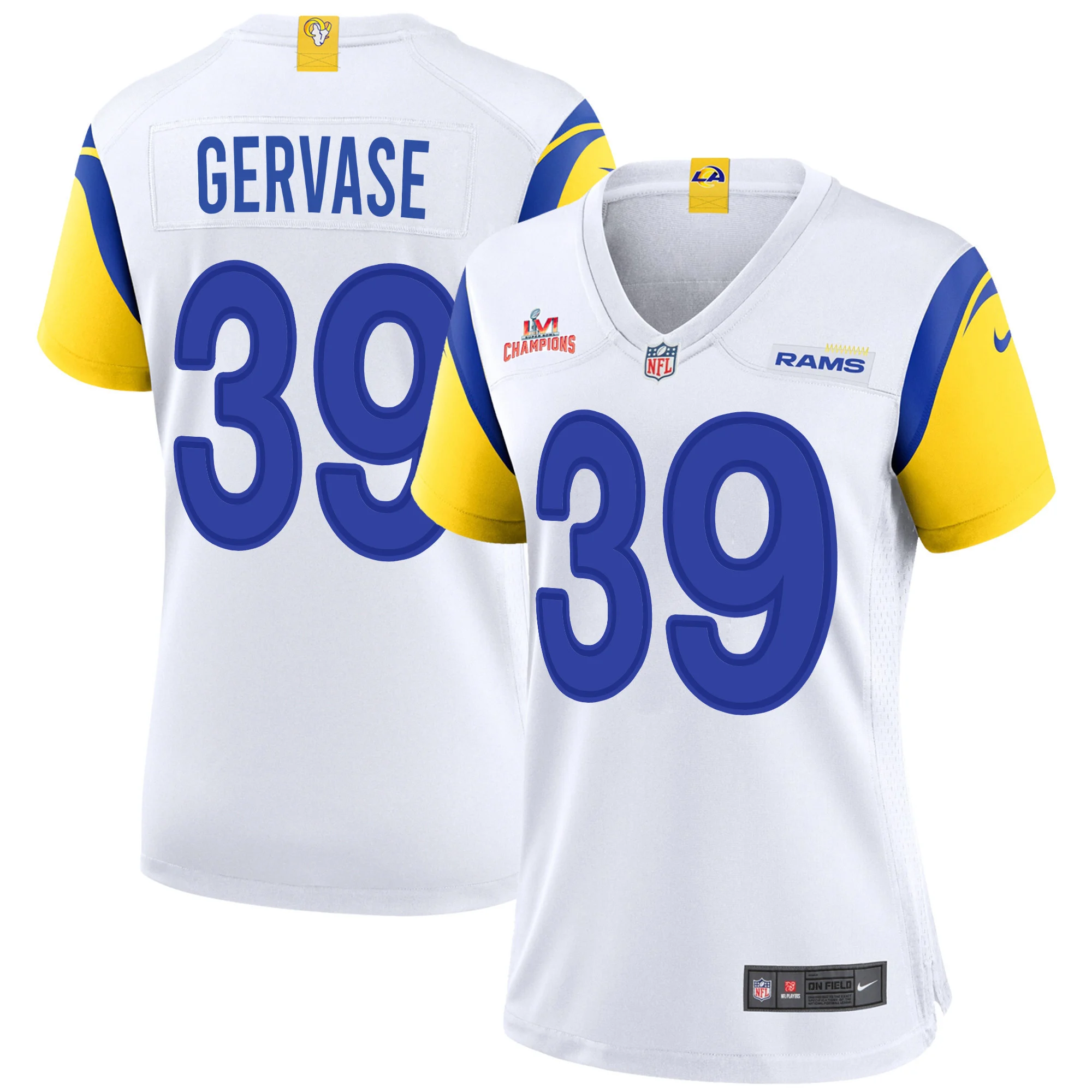 Super Bowl LVI Champions Los Angeles Rams Jake Gervase 39 White Women's Jersey Jersey