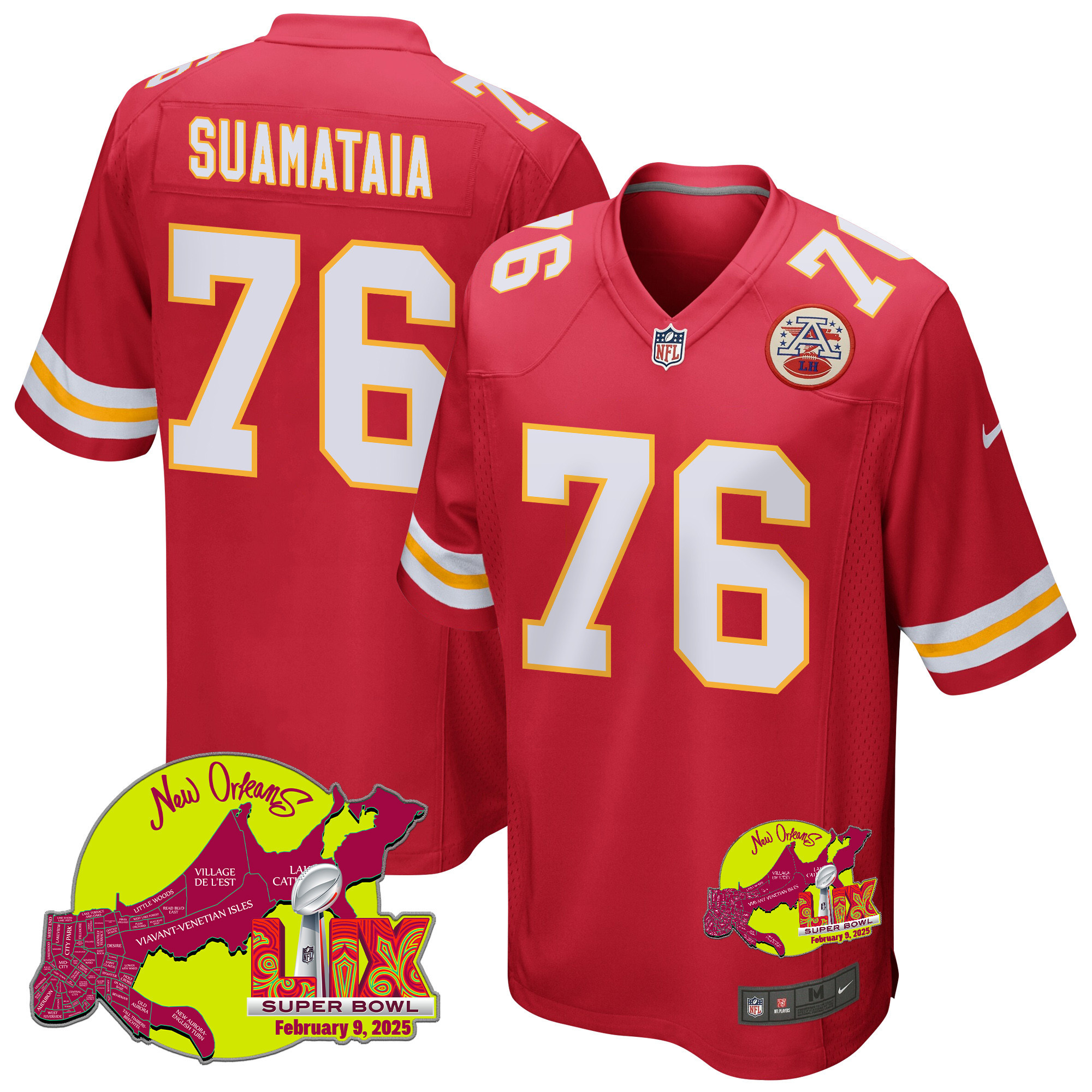 Kingsley Suamataia 76 Kansas City Chiefs Super Bowl LIX New Orleans Patch Game Men Jersey - Red