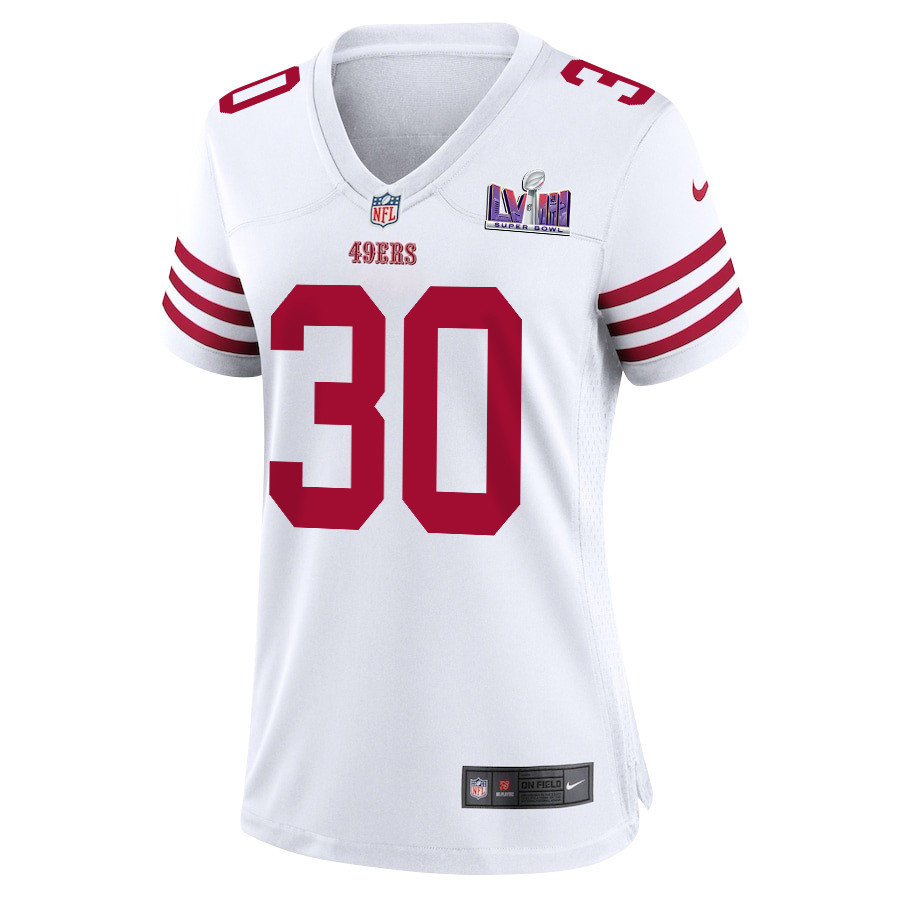 George Odum 30 San Francisco 49ers Super Bowl LVIII Patch Game Women Jersey - White