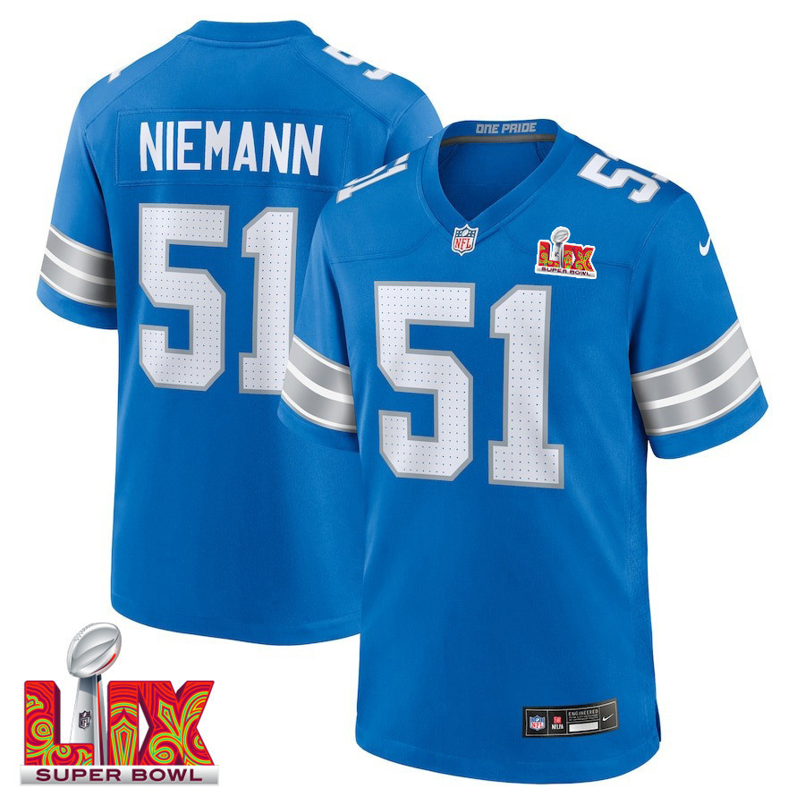 Ben Niemann #51 Detroit Lions Super Bowl LIX Jersey - Men's - Blue