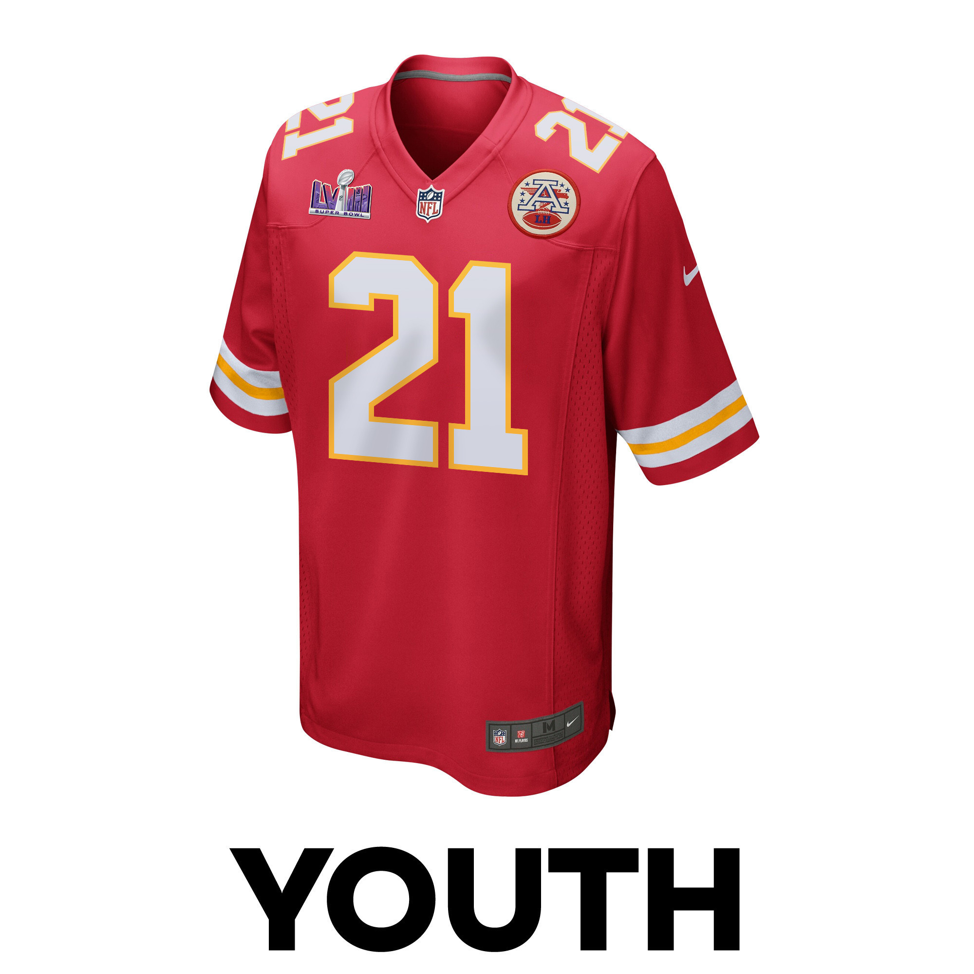 Mike Edwards 21 Kansas City Chiefs Super Bowl LVIII Patch Game YOUTH Jersey - Red