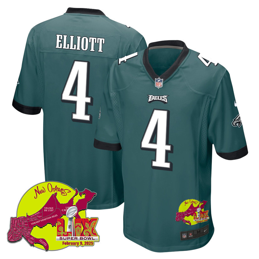 Jake Elliott 4 Philadelphia Eagles Super Bowl LIX New Orleans Patch Game Men Jersey - Midnight Green