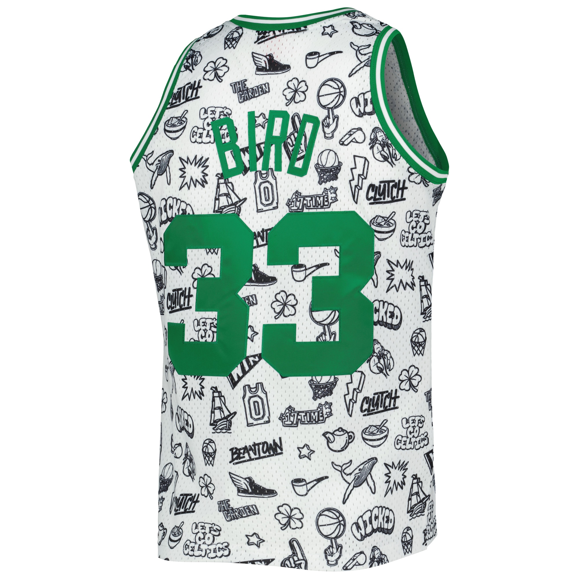 Larry Bird Boston Celtics Mitchell & Ness 1985\/86 Hardwood Classics Doodle Swingman Jersey - White