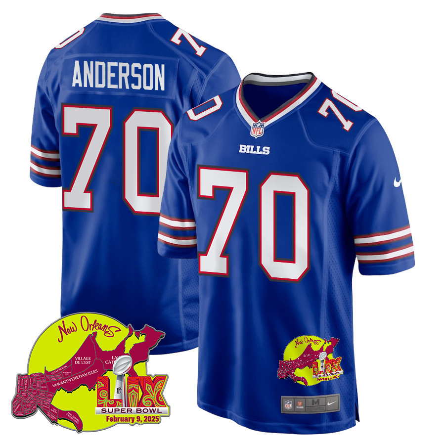 Alec Anderson 70 Buffalo Bills Super Bowl LIX New Orleans Patch Game Men Jersey - Royal