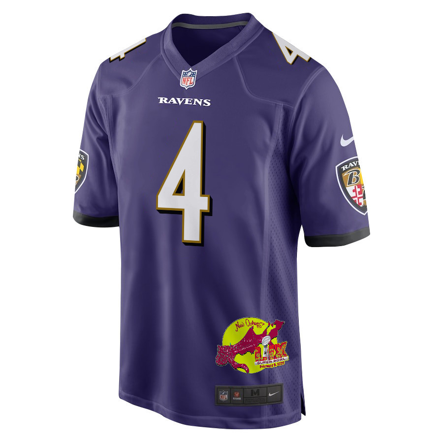 Zay Flowers 4 Baltimore Ravens Super Bowl LIX New Orleans Patch Game Men Jersey - Purple