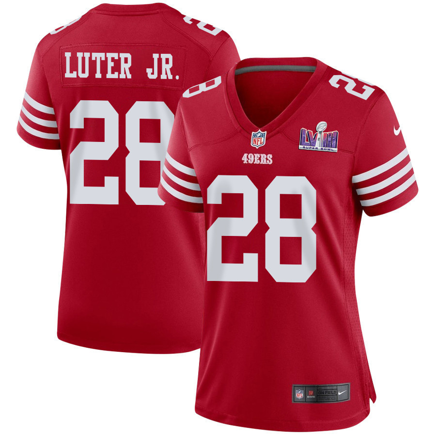 Darrell Luter Jr. 28 San Francisco 49ers Super Bowl LVIII Patch Game Women Jersey - Scarlet
