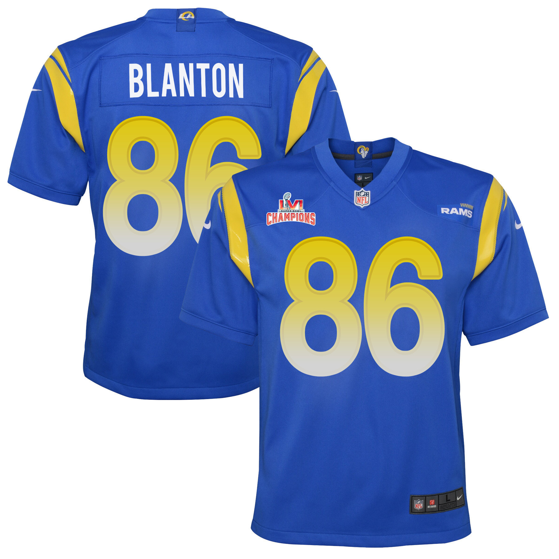 Super Bowl LVI Champions Los Angeles Rams Kendall Blanton 86 Royal Youth's Jersey Jersey