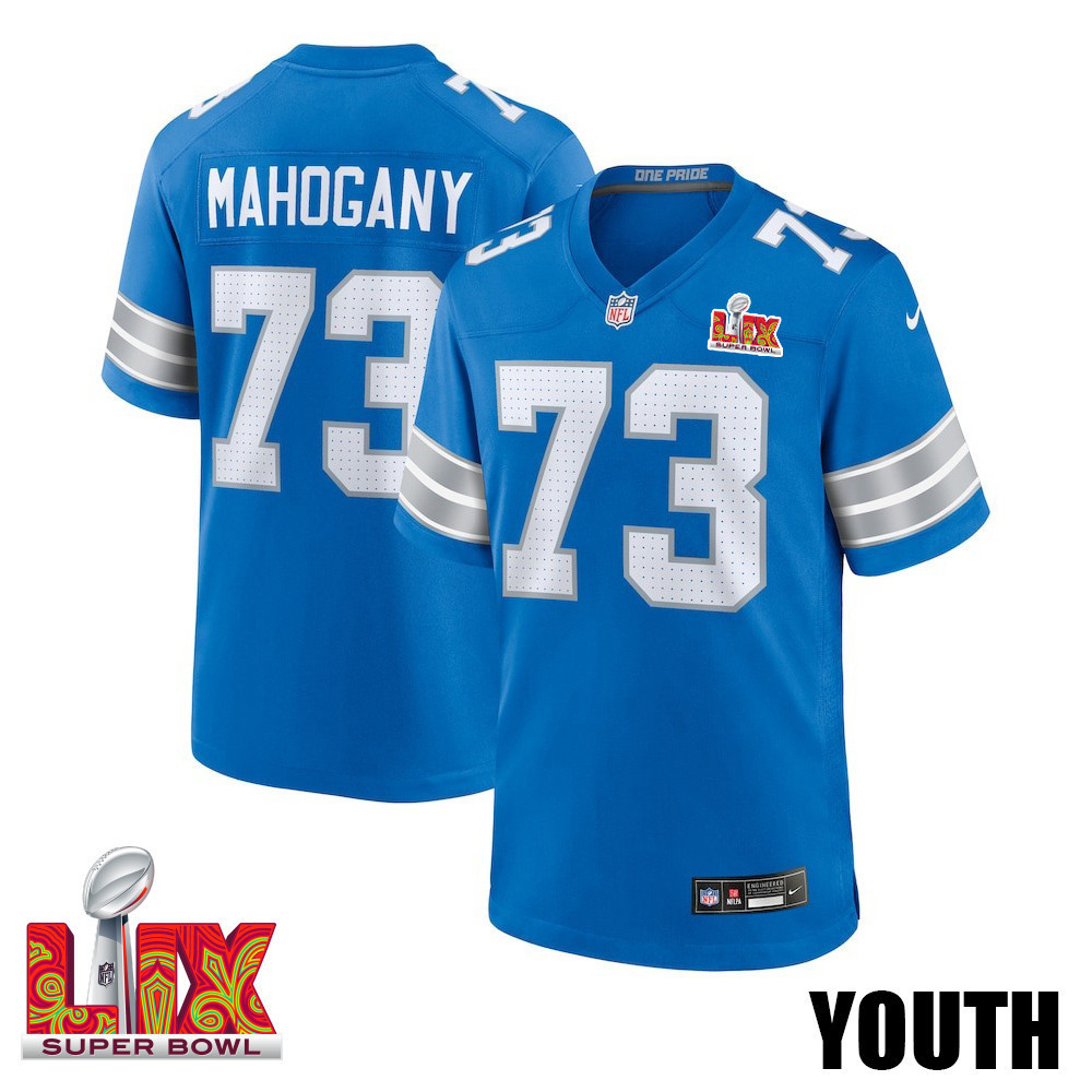 Christian Mahogany #73 Detroit Lions Super Bowl LIX YOUTH Jersey - Blue