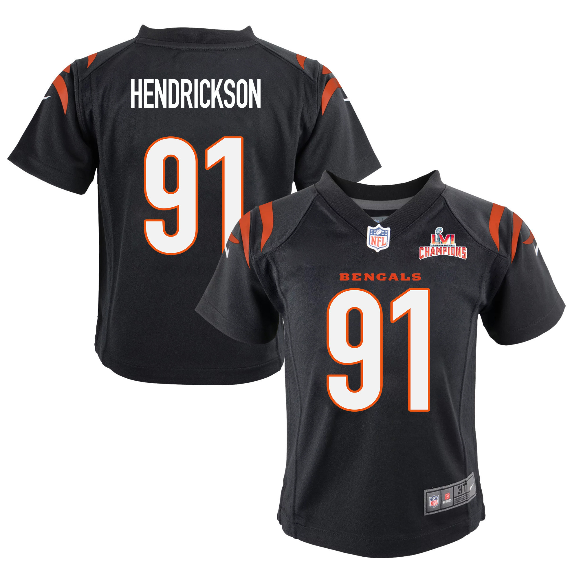 Super Bowl LVI Champions Cincinnati Bengals Trey Hendrickson 91 Black Youth's Jersey Jersey