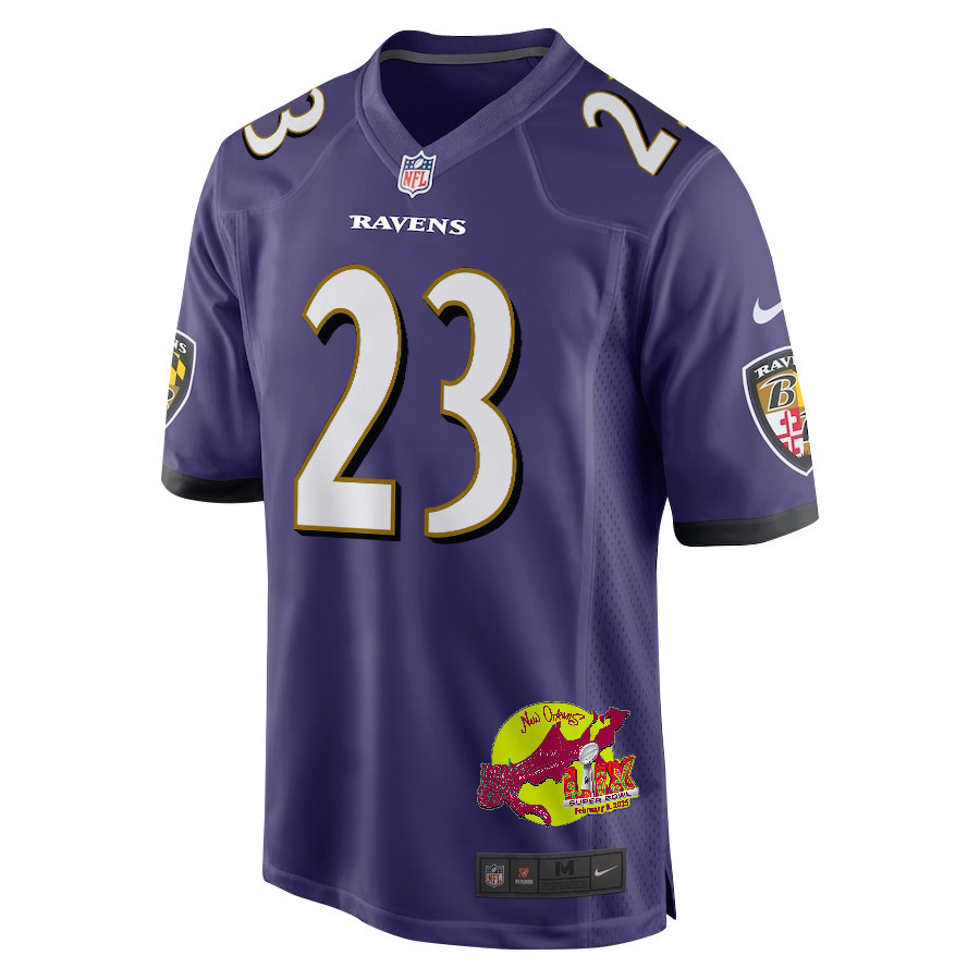 Trenton Simpson 23 Baltimore Ravens Super Bowl LIX New Orleans Patch Game Men Jersey - Purple