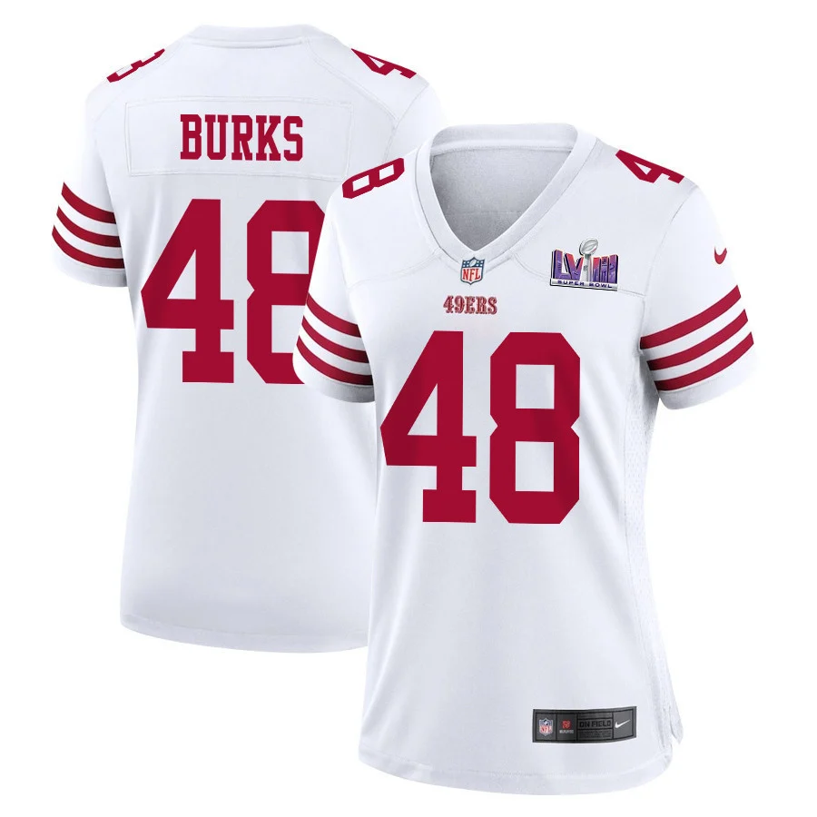 Oren Burks 48 San Francisco 49ers Super Bowl LVIII Patch Game Women Jersey - White