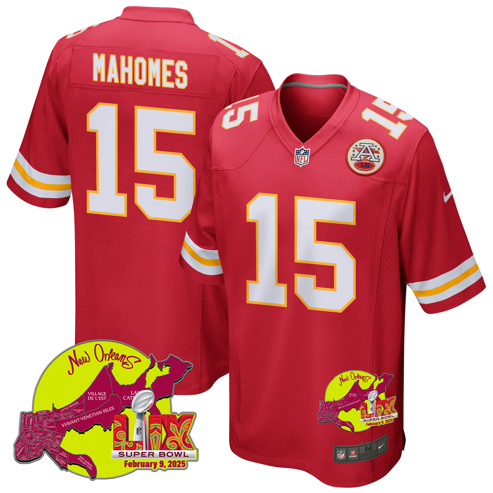 Patrick Mahomes 15 Kansas City Chiefs Super Bowl LIX New Orleans Patch Game Men Jersey - Red