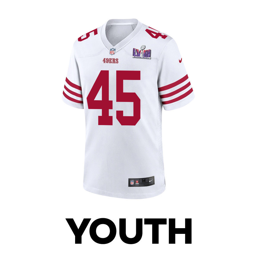 Demetrius Flannigan-Fowles 45 San Francisco 49ers Super Bowl LVIII Patch Game YOUTH Jersey - White
