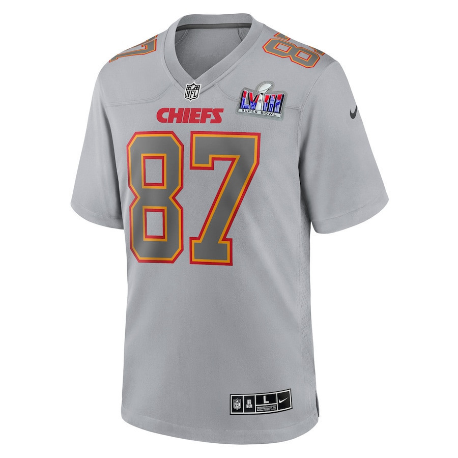 Travis Kelce 87 Kansas City Chiefs Super Bowl LVIII Atmosphere Fashion Game Men Jersey - Gray