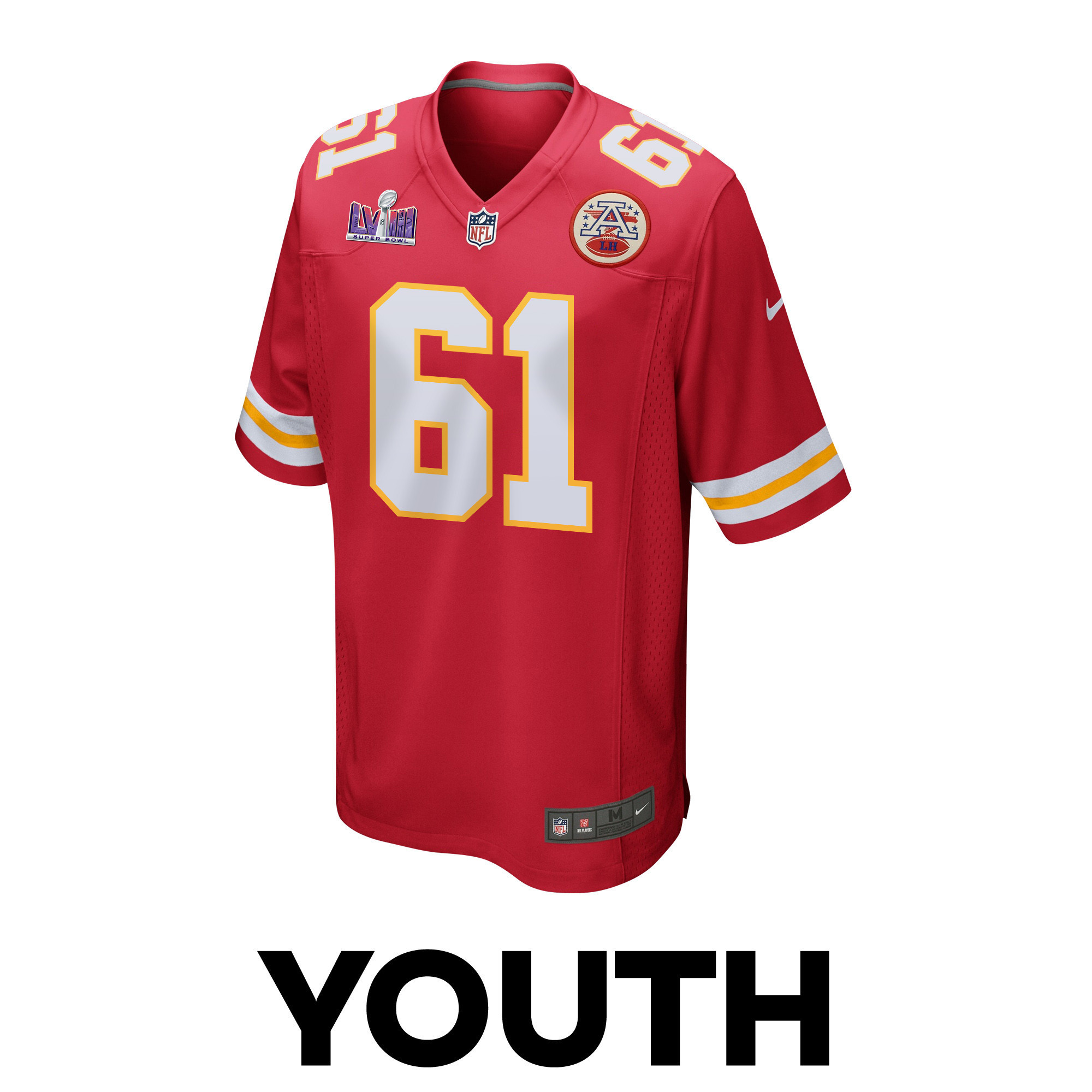 Austin Reiter 61 Kansas City Chiefs Super Bowl LVIII Patch Game YOUTH Jersey - Red