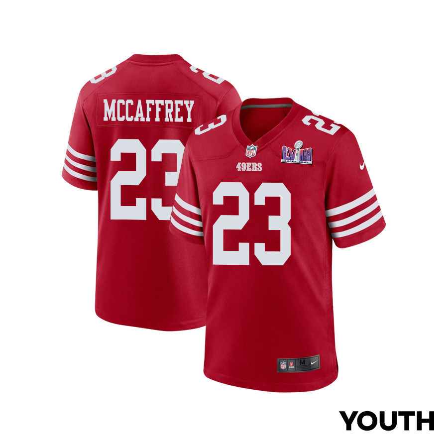 Christian McCaffrey 23 San Francisco 49ers Super Bowl LVIII Patch Game YOUTH Jersey - Scarlet