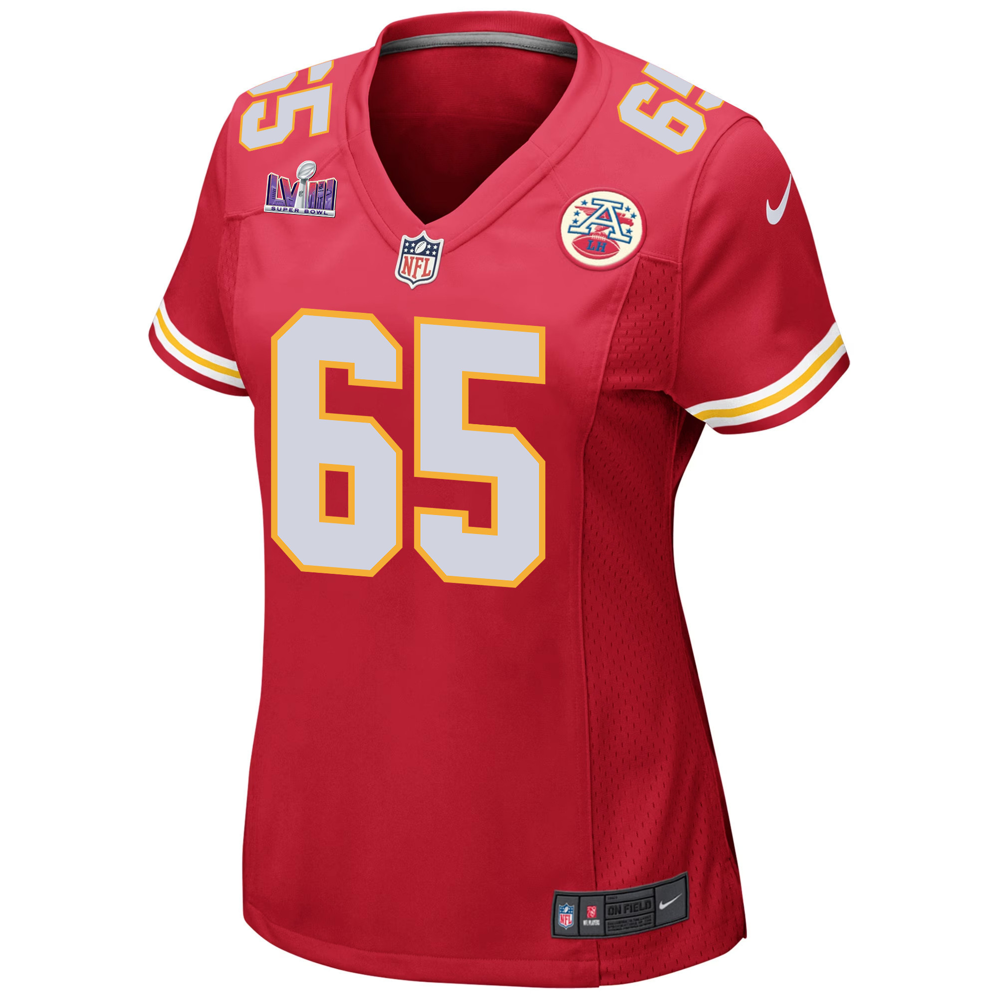 Trey Smith 65 Kansas City Chiefs Super Bowl LVIII Patch Game Women Jersey - Red