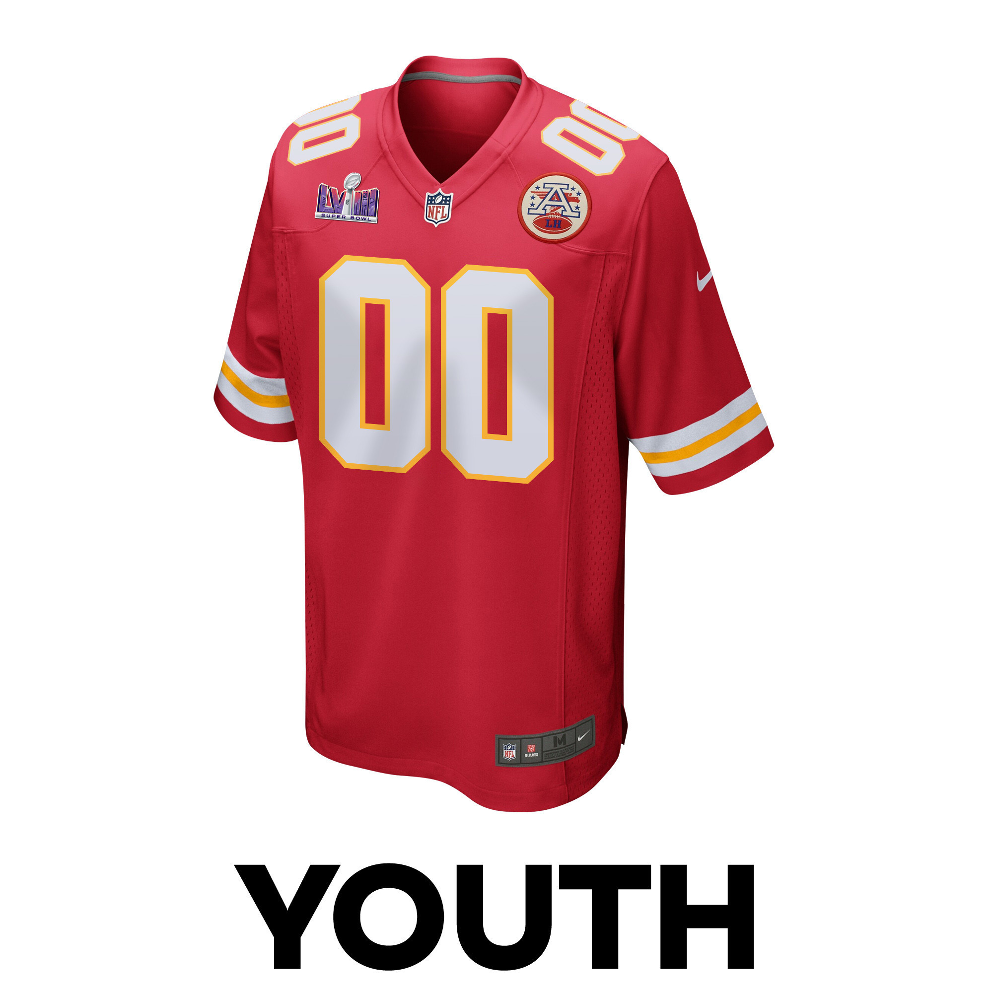 Kansas City Chiefs Super Bowl LVIII Patch Game YOUTH Custom Jersey - Red