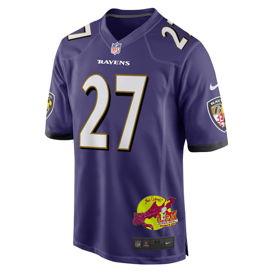 T.J. Tampa 27 Baltimore Ravens Super Bowl LIX New Orleans Patch Game Men Jersey - Purple