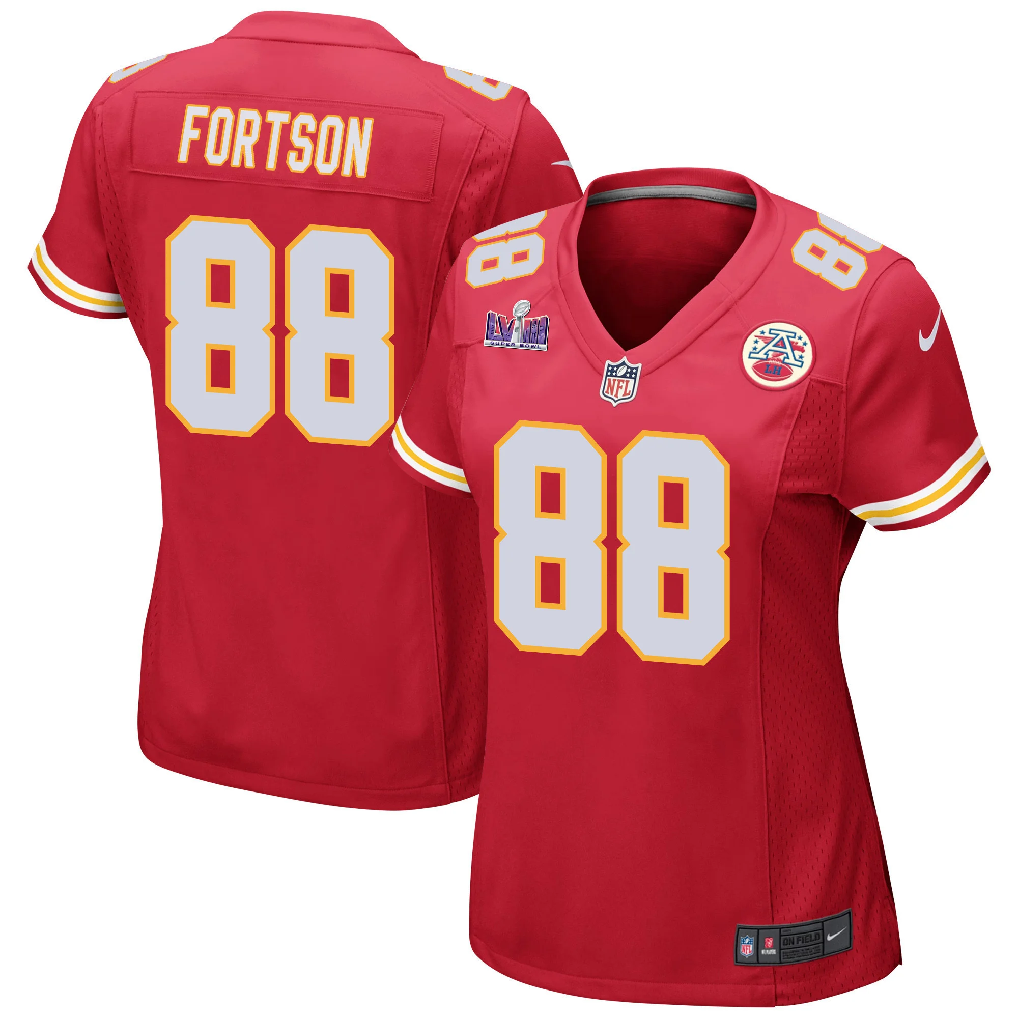Jody Fortson 88 Kansas City Chiefs Super Bowl LVIII Patch Game Women Jersey - Red