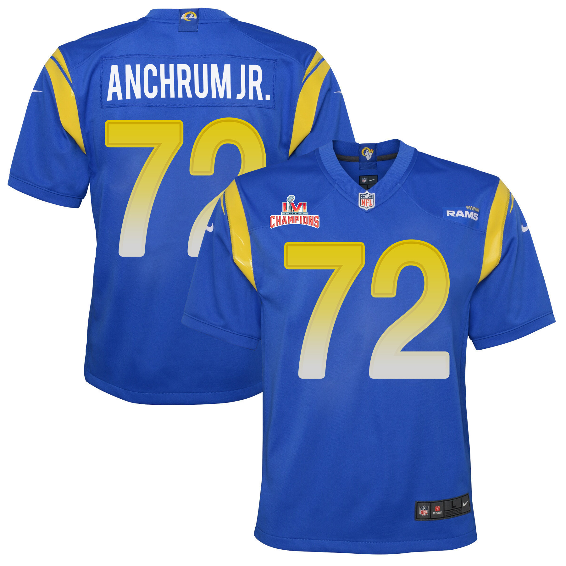 Super Bowl LVI Champions Los Angeles Rams Tremayne Anchrum Jr. 72 Royal Youth's Jersey Jersey