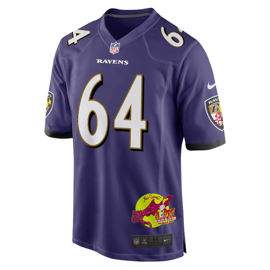 Tyler Linderbaum 64 Baltimore Ravens Super Bowl LIX New Orleans Patch Game Men Jersey - Purple