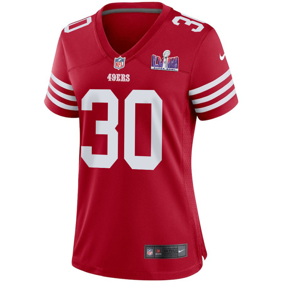 George Odum 30 San Francisco 49ers Super Bowl LVIII Patch Game Women Jersey - Scarlet