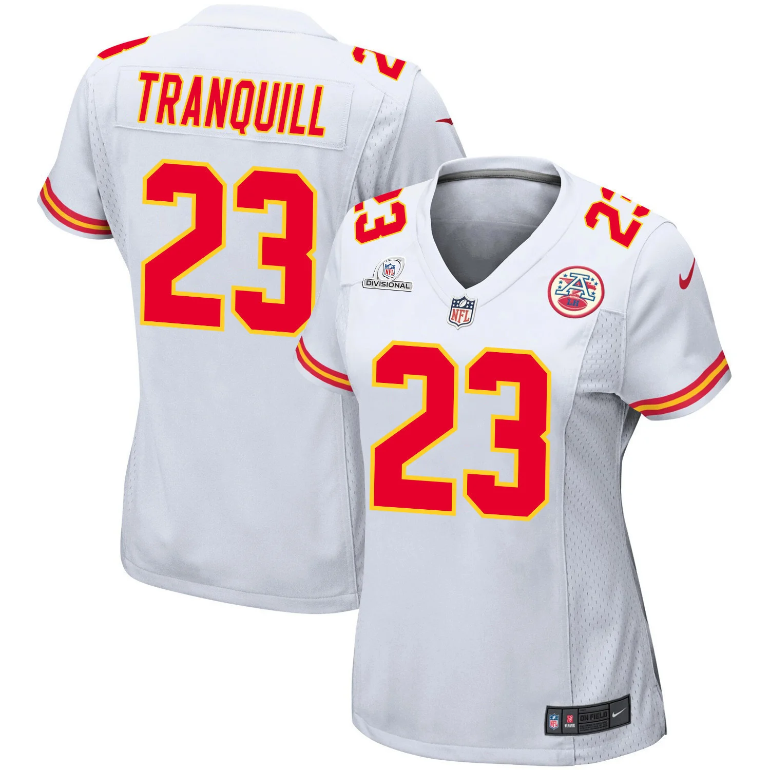 Drue Tranquill 23 Kansas City Chiefs Super Bowl LVIII Patch Game Women Jersey - White