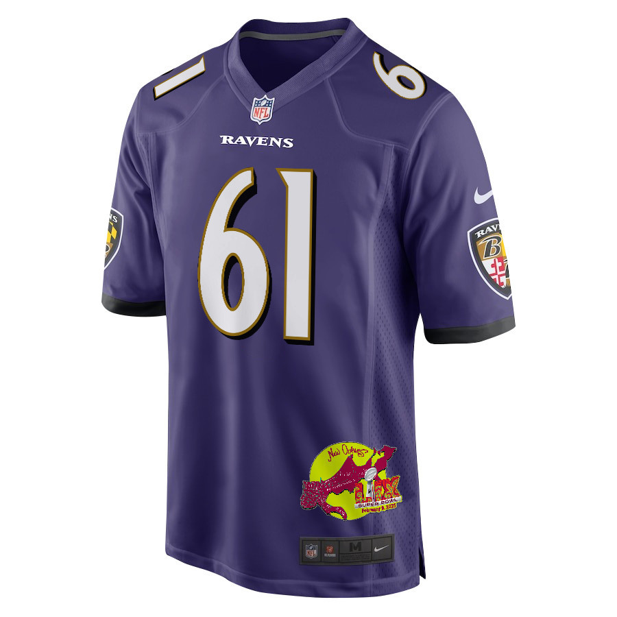 Nick Samac 61 Baltimore Ravens Super Bowl LIX New Orleans Patch Game Men Jersey - Purple