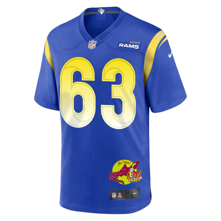 Dylan McMahon 63 Los Angeles Rams Super Bowl LIX New Orleans Patch Game Men Jersey - Royal