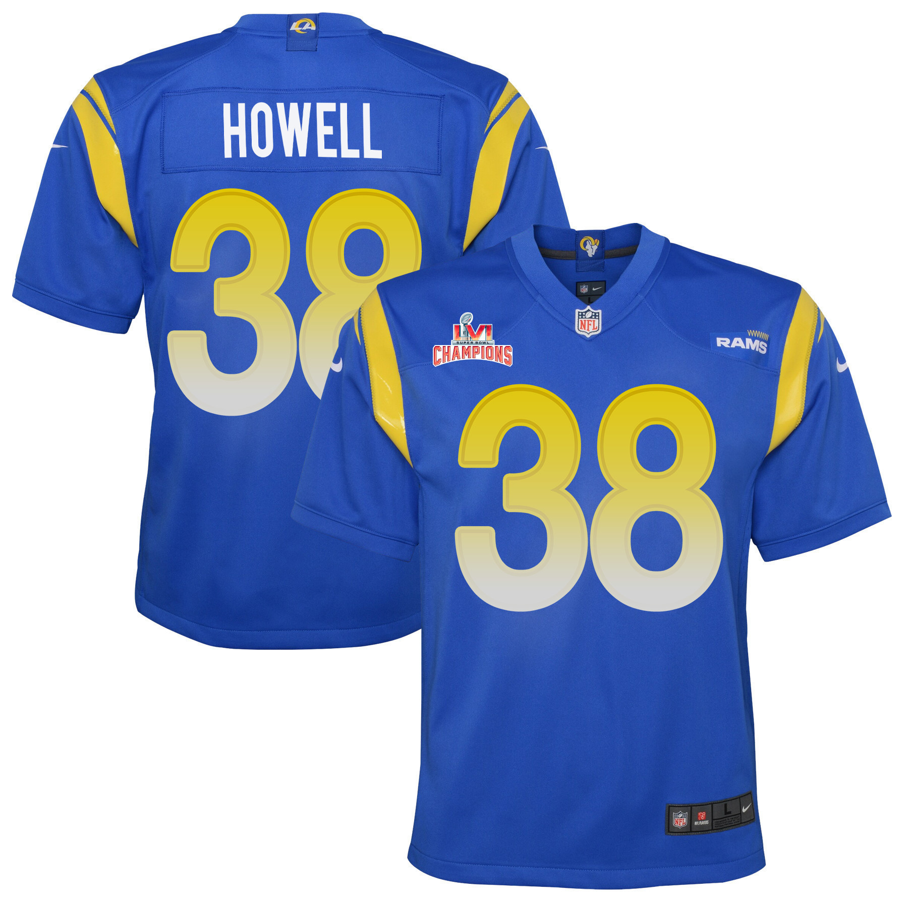 Super Bowl LVI Champions Los Angeles Rams Buddy Howell 38 Royal Youth's Jersey Jersey