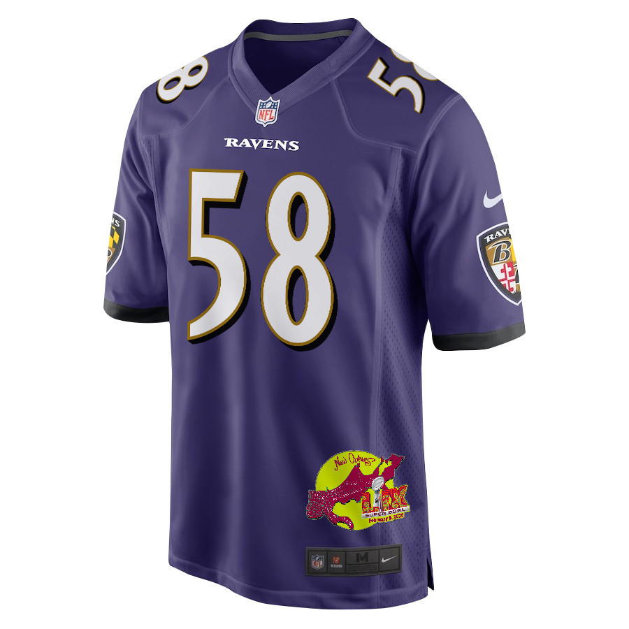 Michael Pierce 58 Baltimore Ravens Super Bowl LIX New Orleans Patch Game Men Jersey - Purple