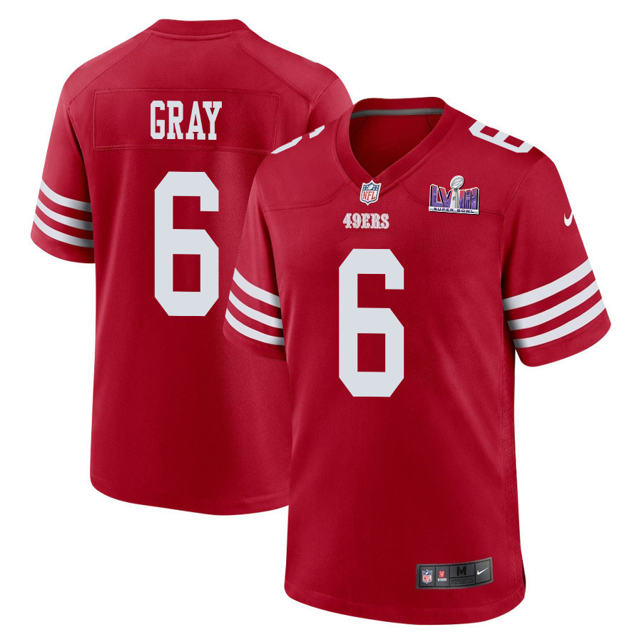 Danny Gray 6 San Francisco 49ers Super Bowl LVIII Patch Game Men Jersey - Scarlet