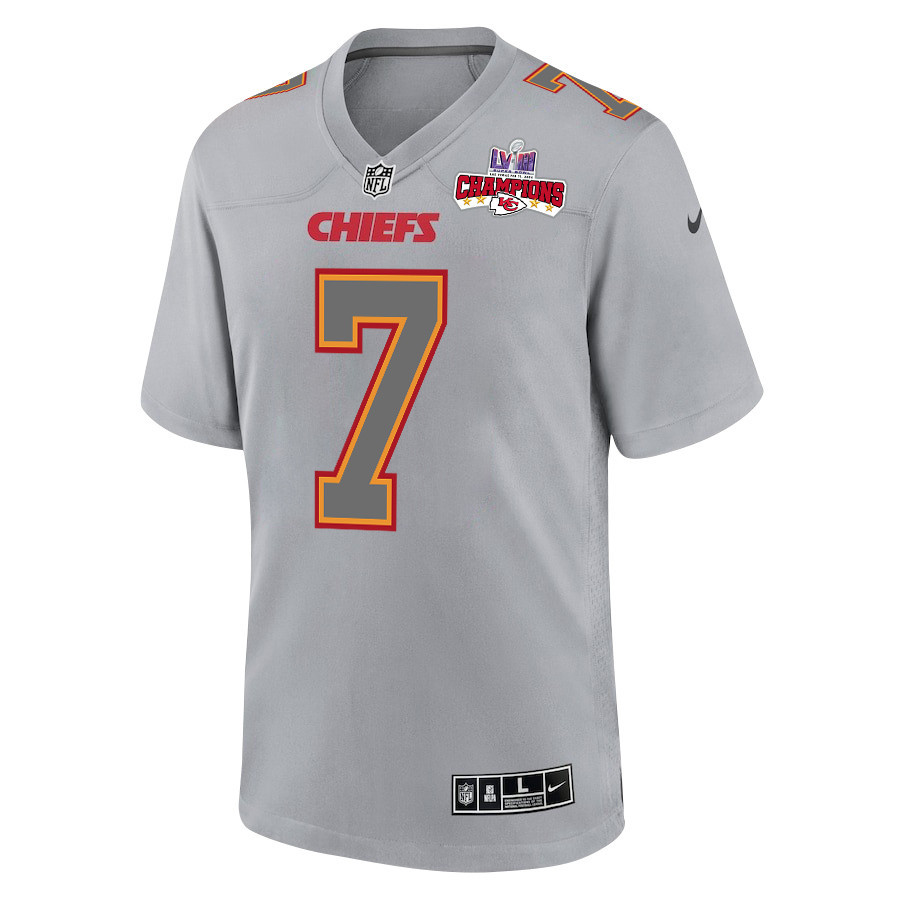 Harrison Butker 7 Kansas City Chiefs Super Bowl LVIII Champions 4 Stars Patch Atmosphere Fashion Game Men Jersey - Gray