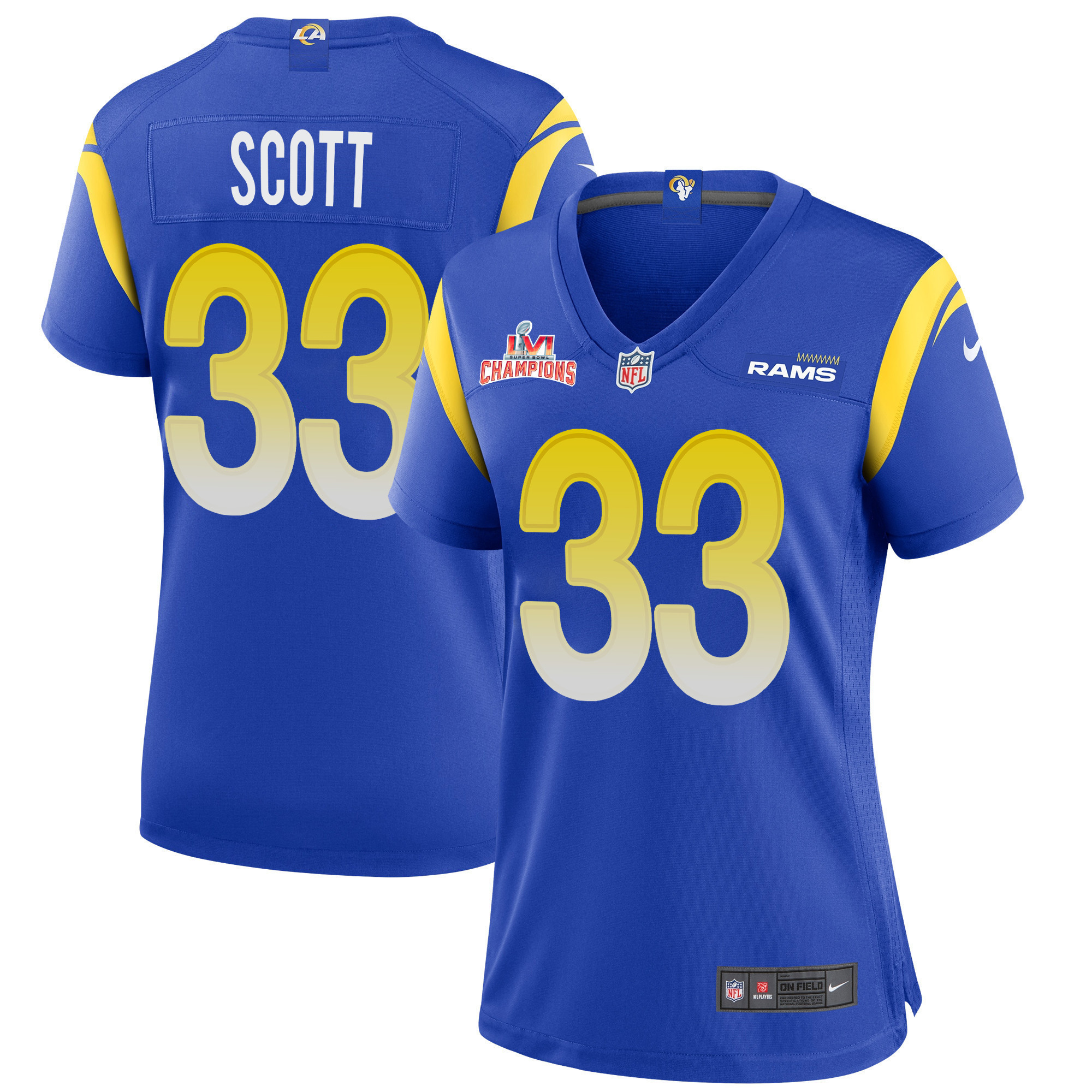 Super Bowl LVI Champions Los Angeles Rams Nick Scott 33 Royal Women's Jersey Jersey