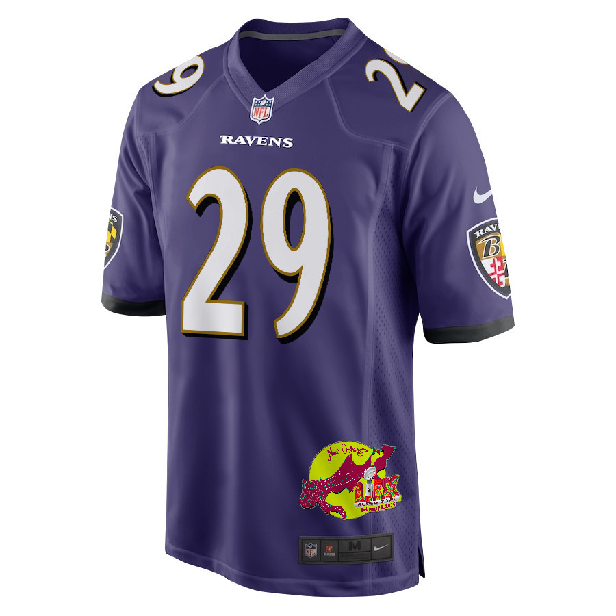 Ar'Darius Washington 29 Baltimore Ravens Super Bowl LIX New Orleans Patch Game Men Jersey - Purple