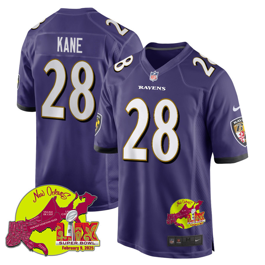 Sanoussi Kane 28 Baltimore Ravens Super Bowl LIX New Orleans Patch Game Men Jersey - Purple