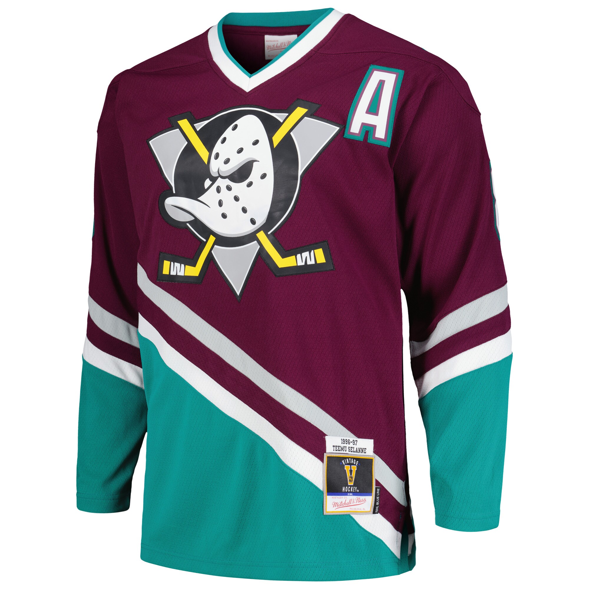 Teemu Selanne Anaheim Ducks Mitchell & Ness 1996\/97 Alternate Captain Patch Blue Line Player Jersey - Purple