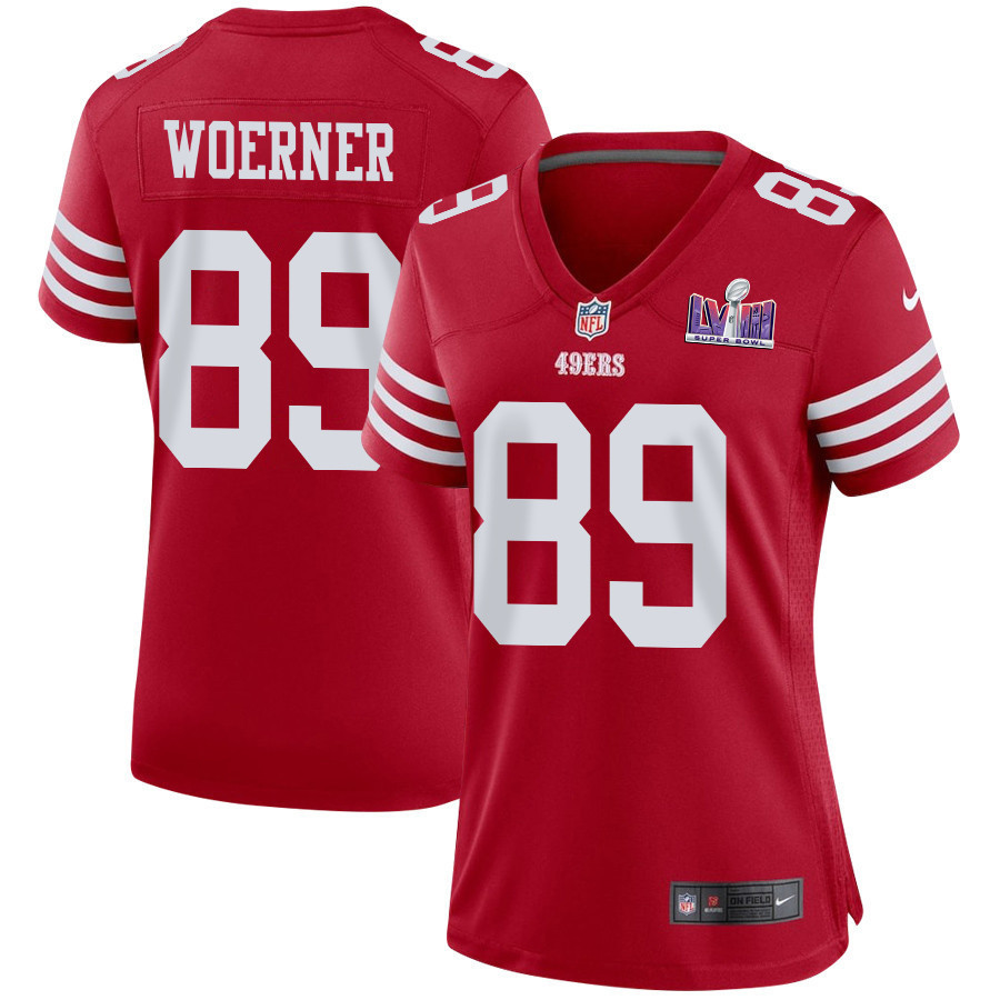 Charlie Woerner 89 San Francisco 49ers Super Bowl LVIII Patch Game Women Jersey - Scarlet