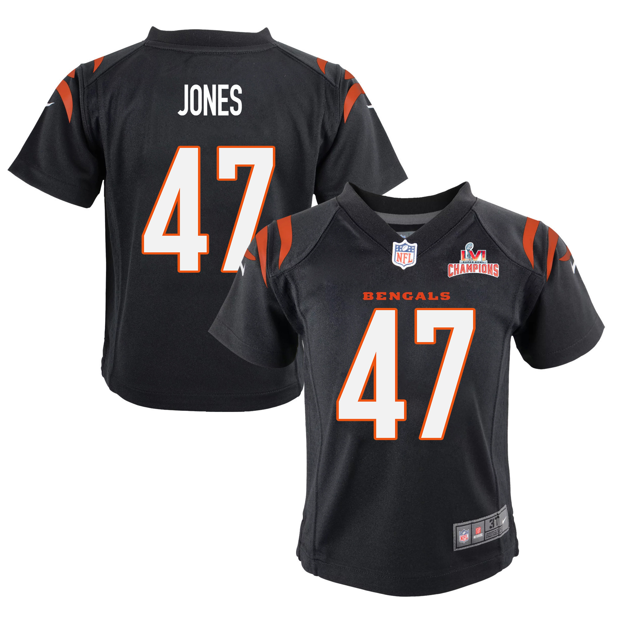 Super Bowl LVI Champions Cincinnati Bengals Keandre Jones 47 Black Youth's Jersey Jersey