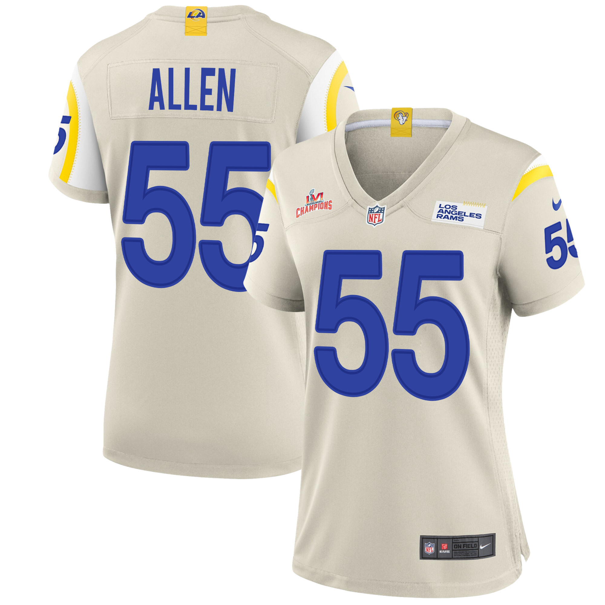 Super Bowl LVI Champions Los Angeles Rams Brian Allen 55 Bone Women's Jersey Jersey