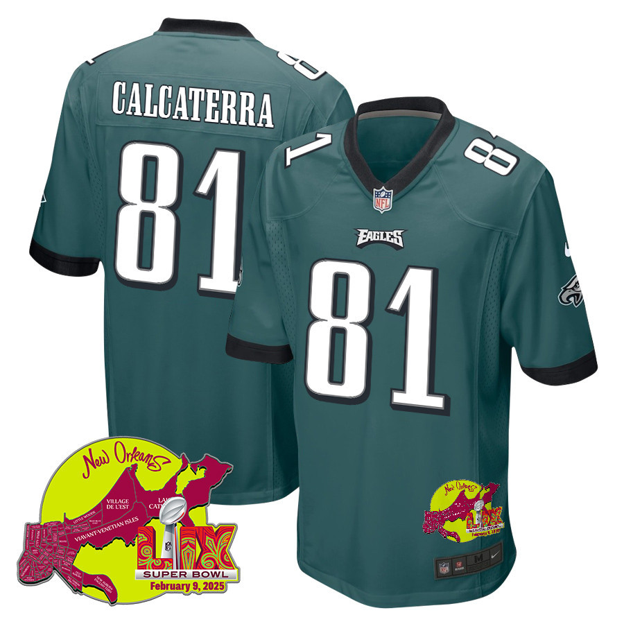 Grant Calcaterra 81 Philadelphia Eagles Super Bowl LIX New Orleans Patch Game Men Jersey - Midnight Green