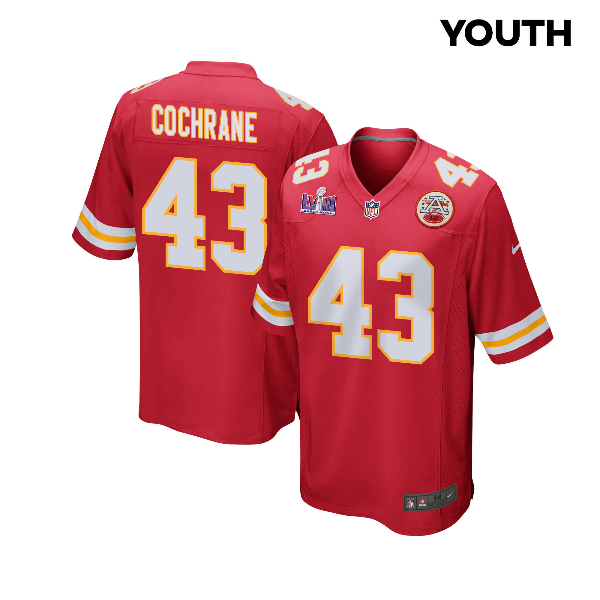 Jack Cochrane 43 Kansas City Chiefs Super Bowl LVIII Patch Game YOUTH Jersey - Red