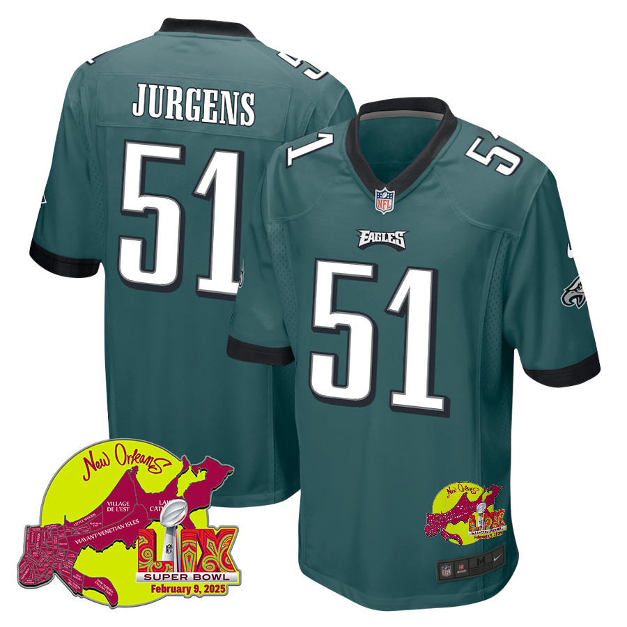 Cam Jurgens 51 Philadelphia Eagles Super Bowl LIX New Orleans Patch Game Men Jersey - Midnight Green