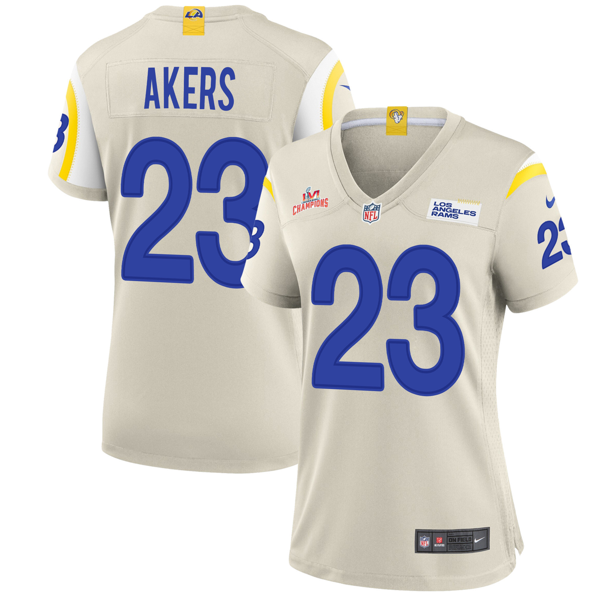 Super Bowl LVI Champions Los Angeles Rams Cam Akers 23 Bone Women's Jersey Jersey