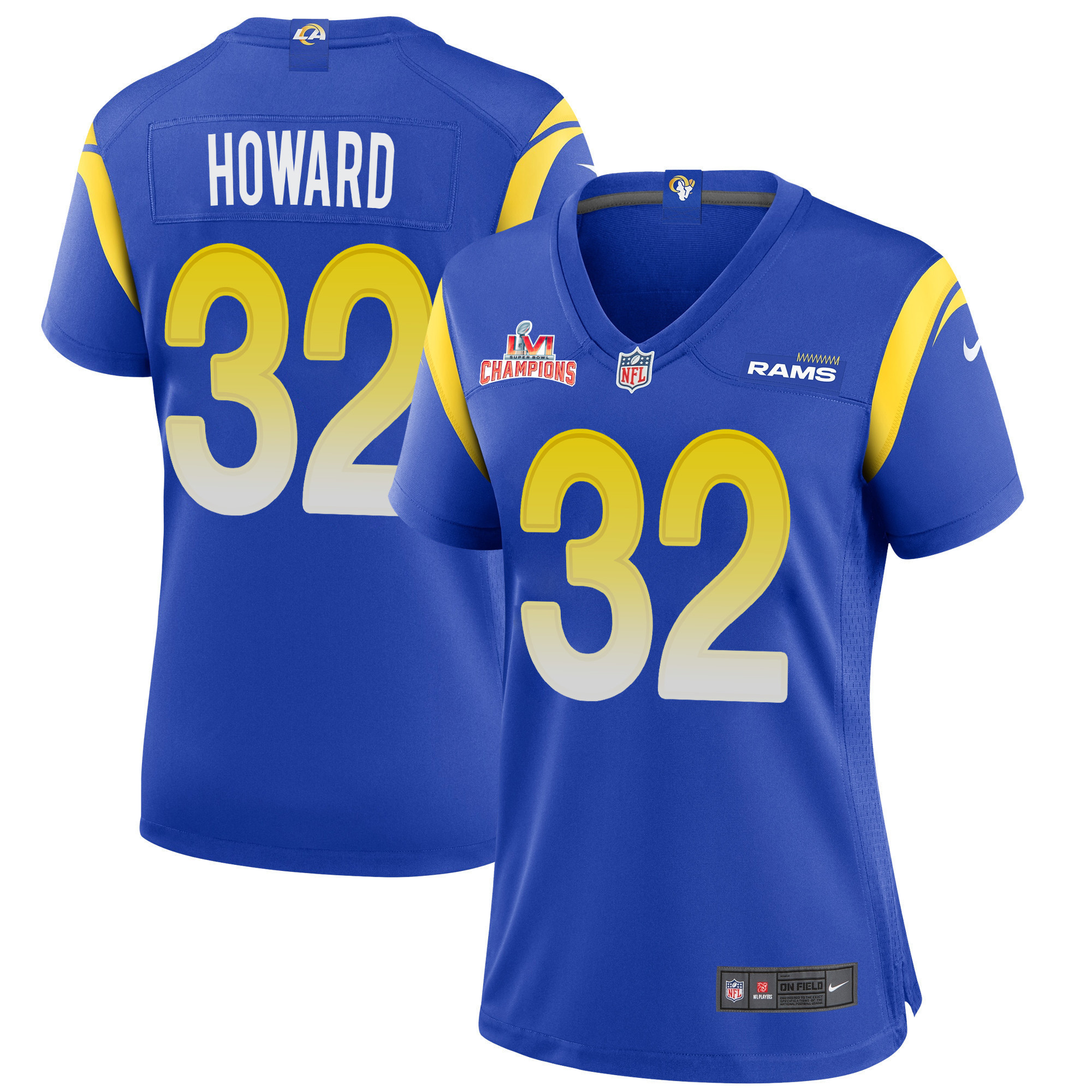 Super Bowl LVI Champions Los Angeles Rams Travin Howard 32 Royal Women's Jersey Jersey