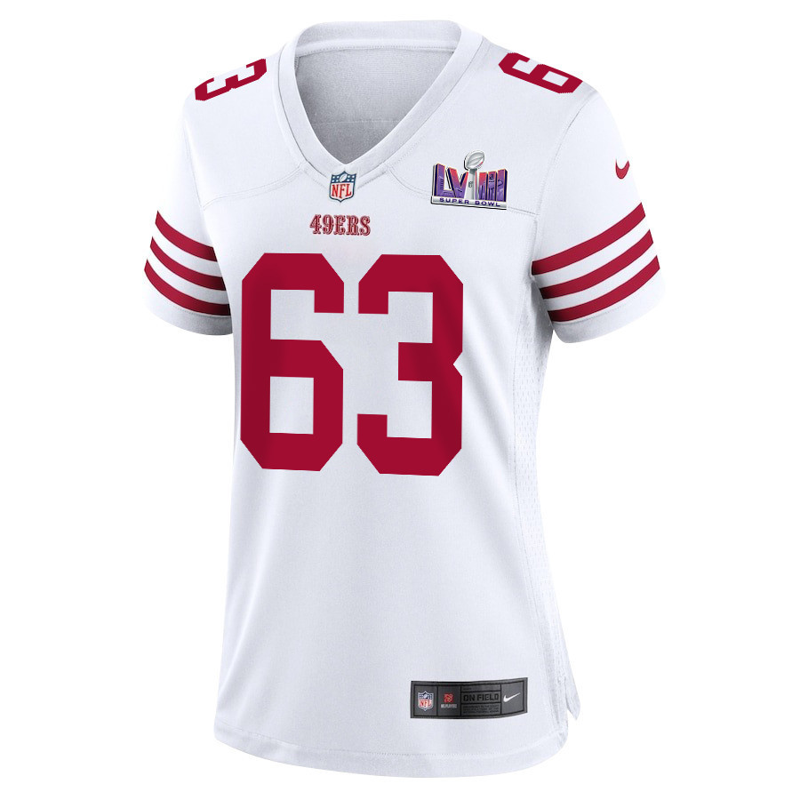 Nick Zakelj 63 San Francisco 49ers Super Bowl LVIII Patch Game Women Jersey - White