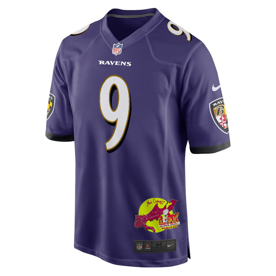 Justin Tucker 9 Baltimore Ravens Super Bowl LIX New Orleans Patch Game Men Jersey - Purple