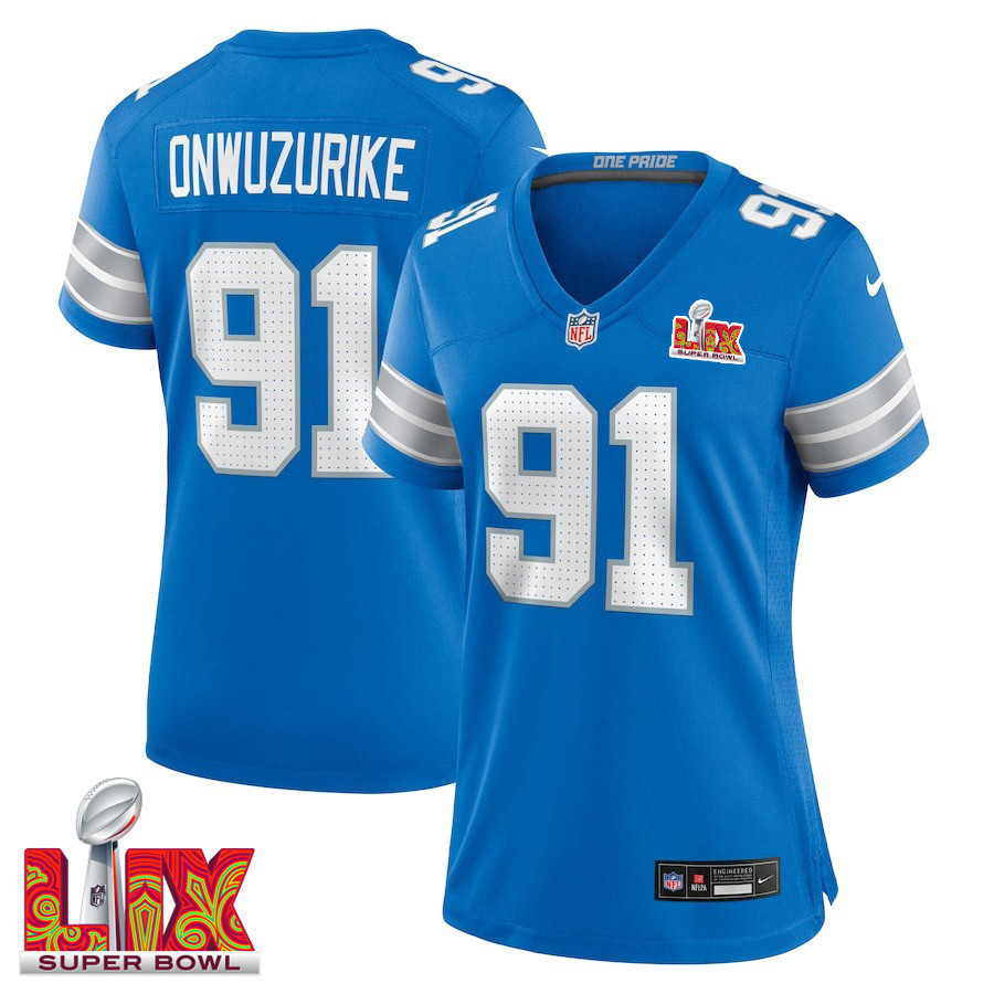 Levi Onwuzurike #91 Detroit Lions Super Bowl LIX Women's Jersey - Blue