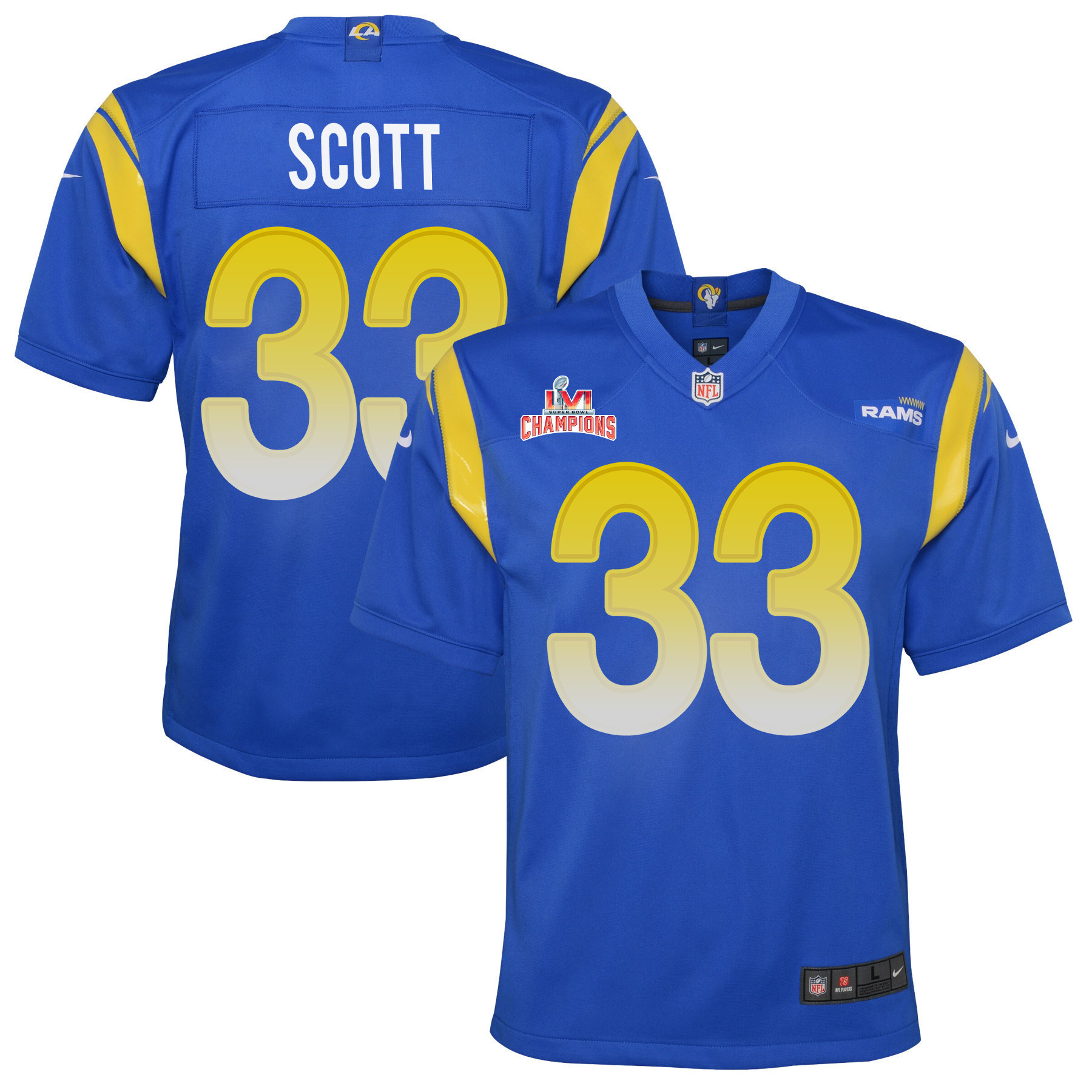 Super Bowl LVI Champions Los Angeles Rams Nick Scott 33 Royal Youth's Jersey Jersey
